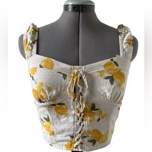 Lace-Up Lemon Print Crop Top - Yellow Floral